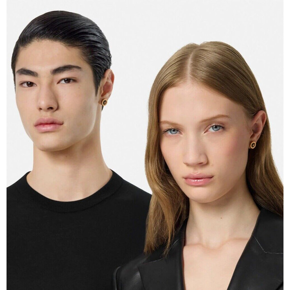 NIB Versace Icon Medusa Greca Stud Earrings Gold Tone Red Engraved Unisex $475 - Picture 2 of 9